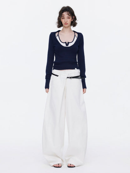 Contrast U-Neck Knit Slim Long Sleeve T-Shirt【s0000015539】
