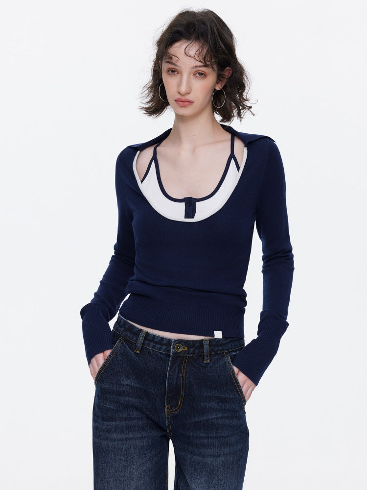 Contrast U-Neck Knit Slim Long Sleeve T-Shirt【s0000015539】