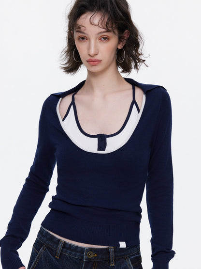 Contrast U-Neck Knit Slim Long Sleeve T-Shirt【s0000015539】