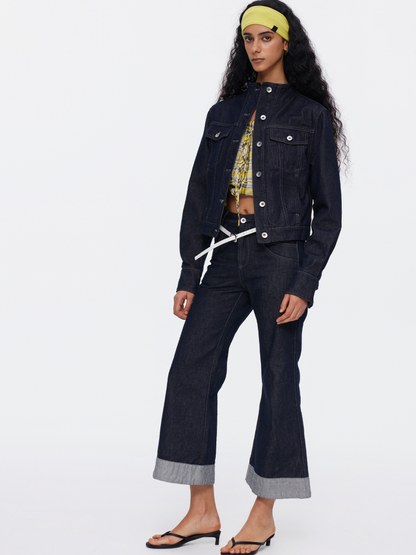 Retro High-Stitch Hem Slightly Flared Cropped Denim Jeans【s0000015541】