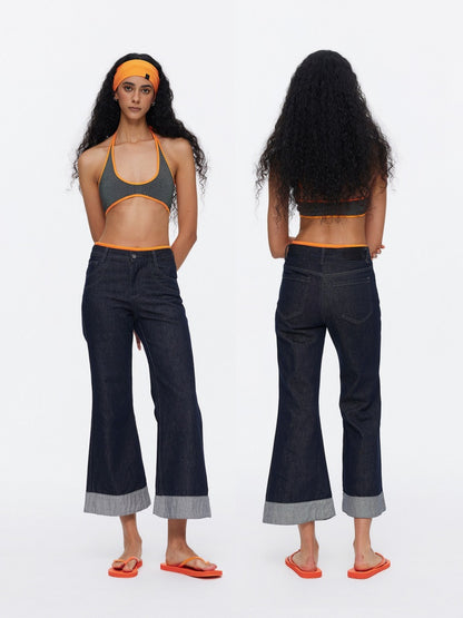 Retro High-Stitch Hem Slightly Flared Cropped Denim Jeans【s0000015541】