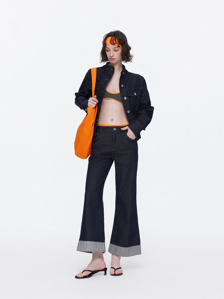 Retro High-Stitch Hem Slightly Flared Cropped Denim Jeans【s0000015541】