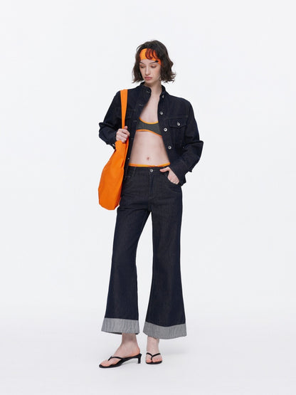 Retro High-Stitch Hem Slightly Flared Cropped Denim Jeans【s0000015541】