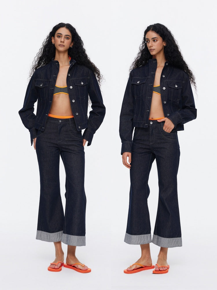 Retro High-Stitch Hem Slightly Flared Cropped Denim Jeans【s0000015541】