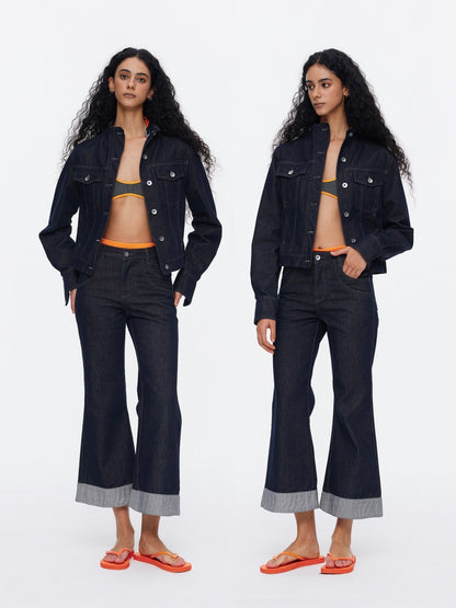 Retro High-Stitch Hem Slightly Flared Cropped Denim Jeans【s0000015541】
