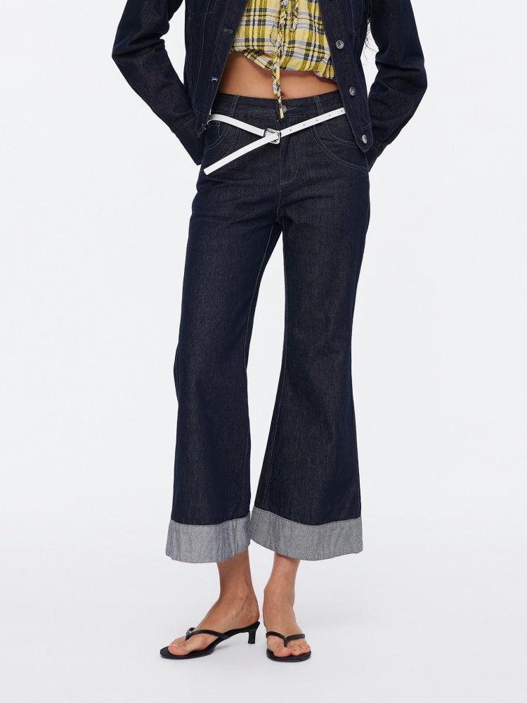 Retro High-Stitch Hem Slightly Flared Cropped Denim Jeans【s0000015541】