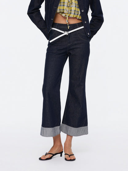 Retro High-Stitch Hem Slightly Flared Cropped Denim Jeans【s0000015541】