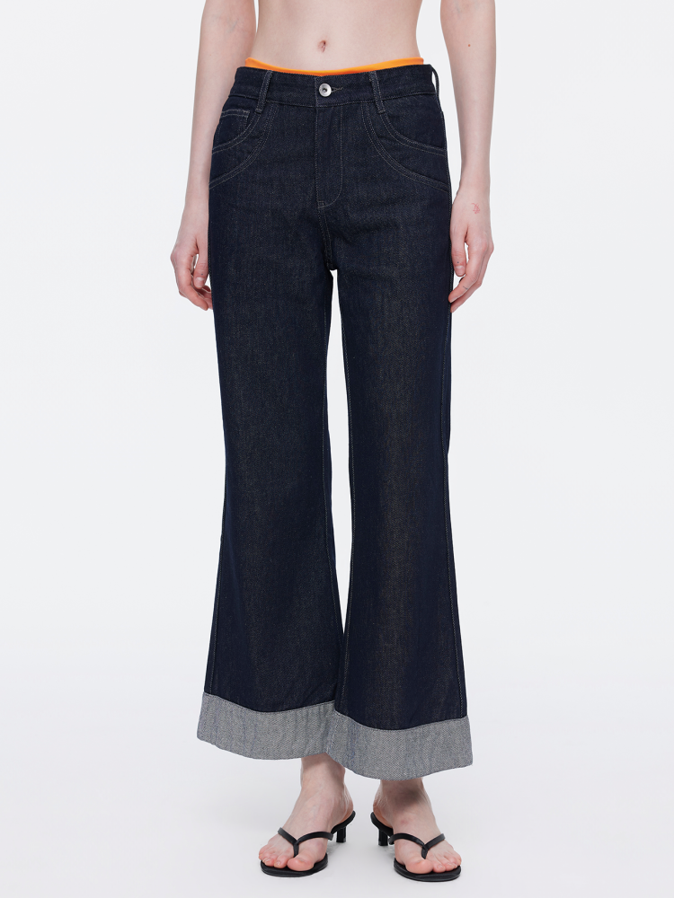 Retro High-Stitch Hem Slightly Flared Cropped Denim Jeans【s0000015541】