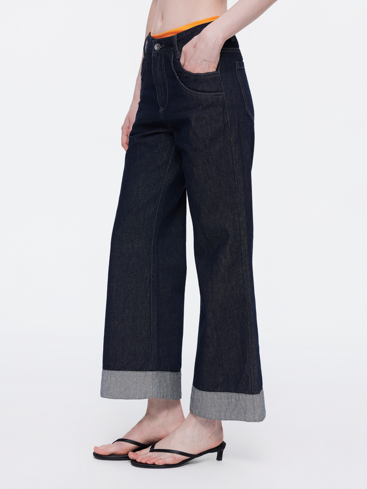 Retro High-Stitch Hem Slightly Flared Cropped Denim Jeans【s0000015541】