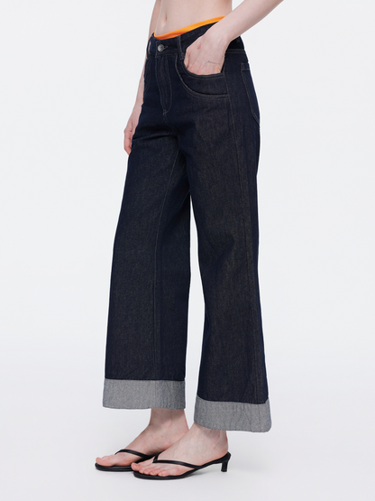 Retro High-Stitch Hem Slightly Flared Cropped Denim Jeans【s0000015541】