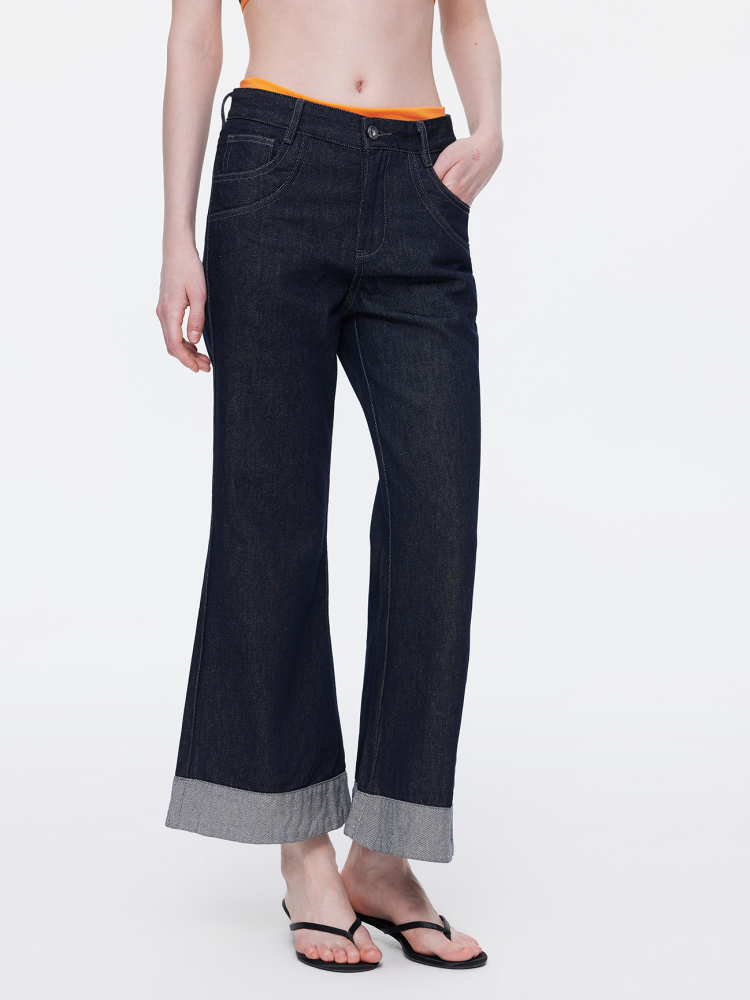 Retro High-Stitch Hem Slightly Flared Cropped Denim Jeans【s0000015541】