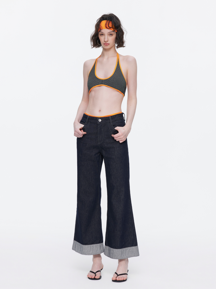 Retro High-Stitch Hem Slightly Flared Cropped Denim Jeans【s0000015541】