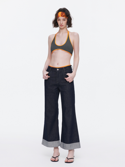 Retro High-Stitch Hem Slightly Flared Cropped Denim Jeans【s0000015541】
