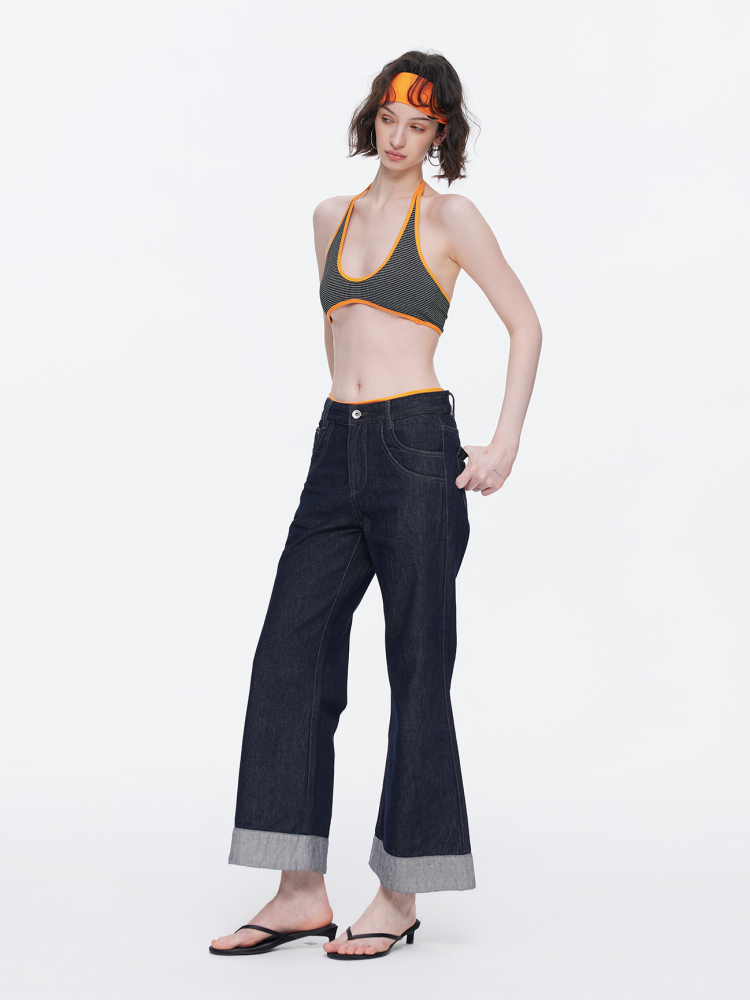 Retro High-Stitch Hem Slightly Flared Cropped Denim Jeans【s0000015541】
