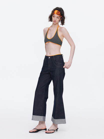 Retro High-Stitch Hem Slightly Flared Cropped Denim Jeans【s0000015541】