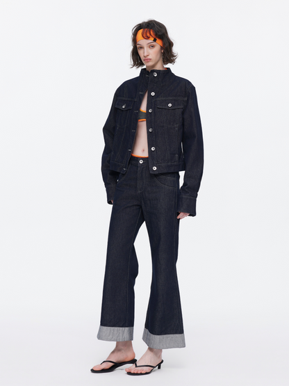 Retro High-Stitch Hem Slightly Flared Cropped Denim Jeans【s0000015541】