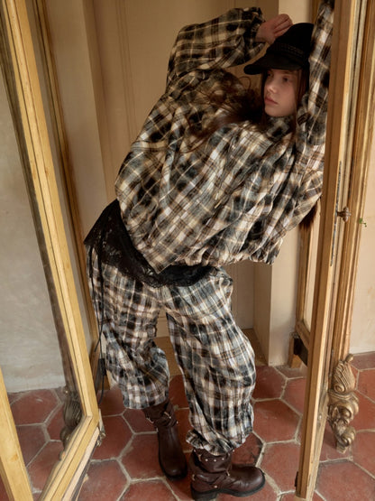 Plaid Wrinkled Waist Spliced Straight Leg Pants【s0000015637】