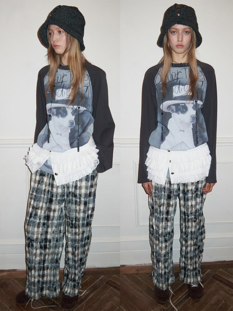 Plaid Wrinkled Waist Spliced Straight Leg Pants【s0000015637】