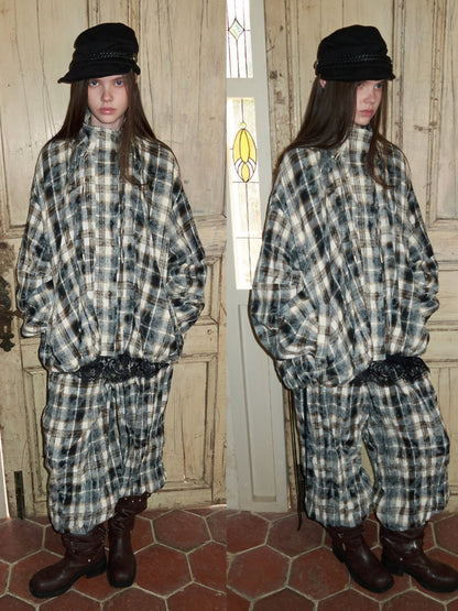 Plaid Wrinkled Waist Spliced Straight Leg Pants【s0000015637】