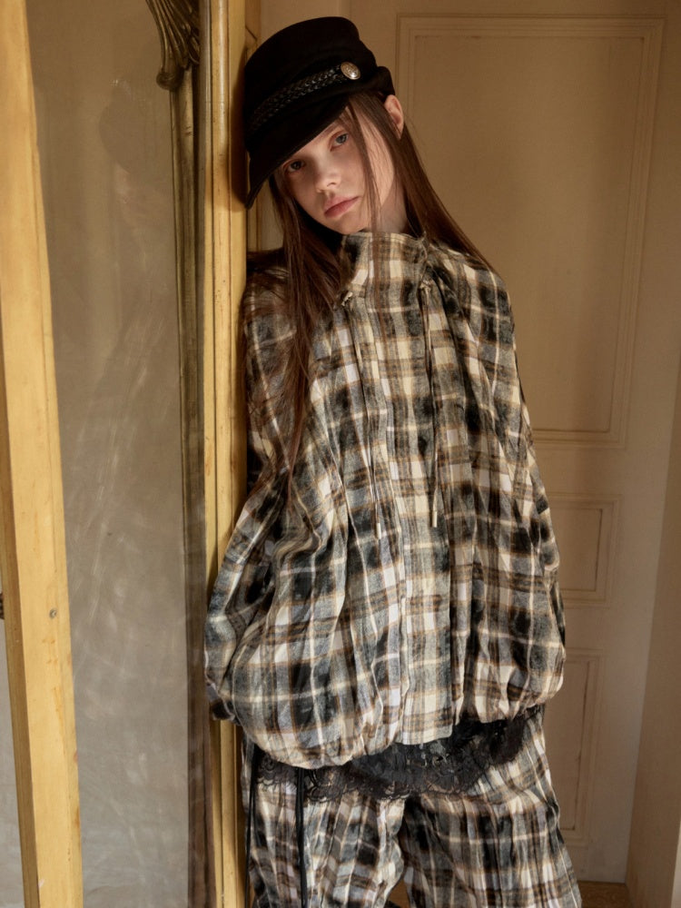 Plaid Wrinkled Waist Spliced Straight Leg Pants【s0000015637】