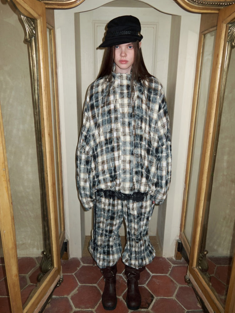 Plaid Wrinkled Waist Spliced Straight Leg Pants【s0000015637】