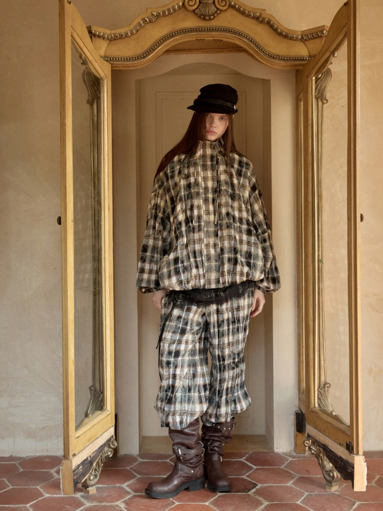 Plaid Wrinkled Waist Spliced Straight Leg Pants【s0000015637】