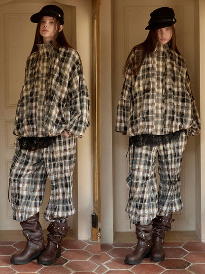 Plaid Wrinkled Waist Spliced Straight Leg Pants【s0000015637】