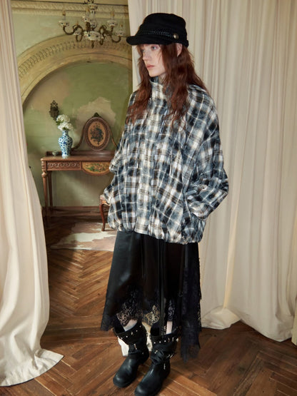 Plaid Pleated Stand-Up Collar Bud Jacket【s0000015638】