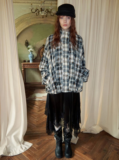 Plaid Pleated Stand-Up Collar Bud Jacket【s0000015638】