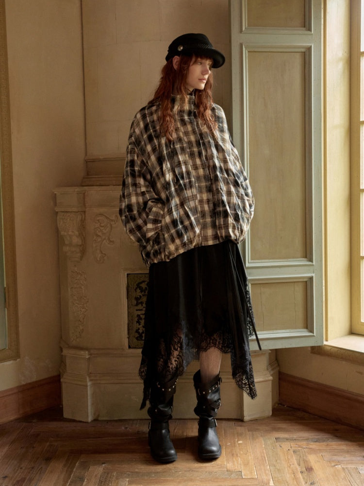 Plaid Pleated Stand-Up Collar Bud Jacket【s0000015638】