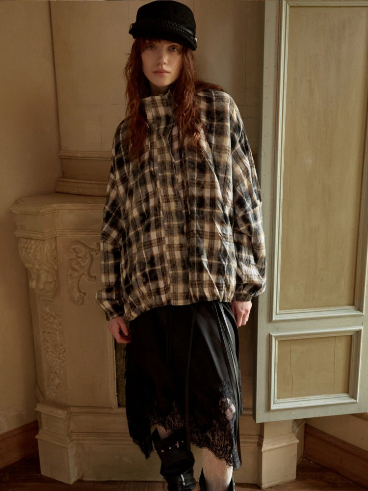 Plaid Pleated Stand-Up Collar Bud Jacket【s0000015638】