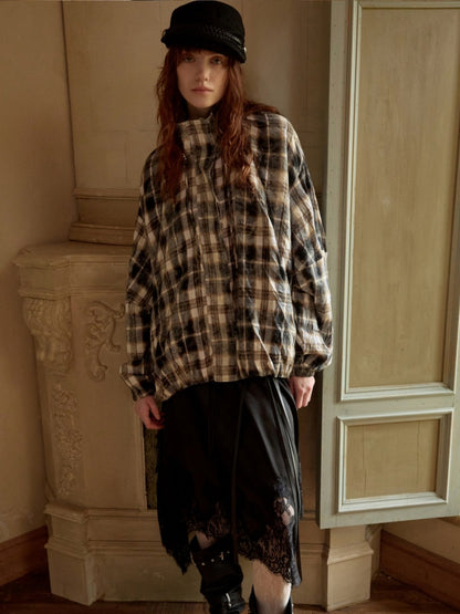 Plaid Pleated Stand-Up Collar Bud Jacket【s0000015638】