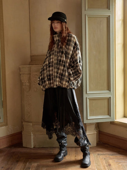 Plaid Pleated Stand-Up Collar Bud Jacket【s0000015638】