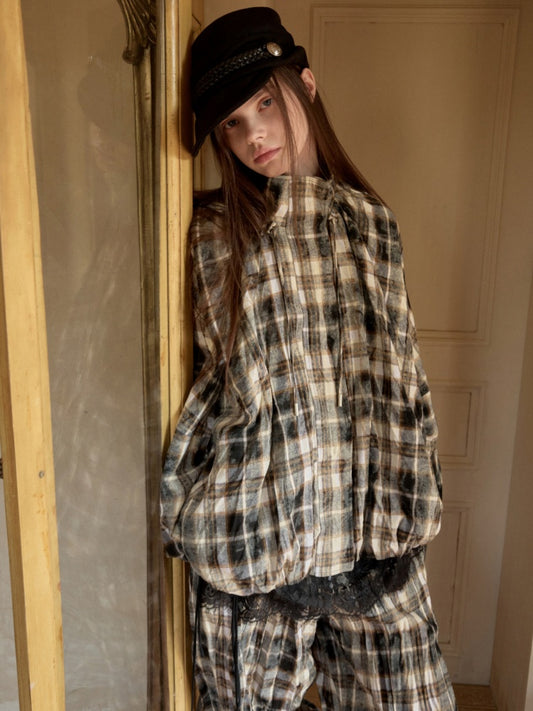 Plaid Pleated Stand-Up Collar Bud Jacket【s0000015638】