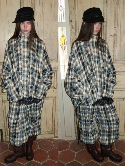 Plaid Pleated Stand-Up Collar Bud Jacket【s0000015638】
