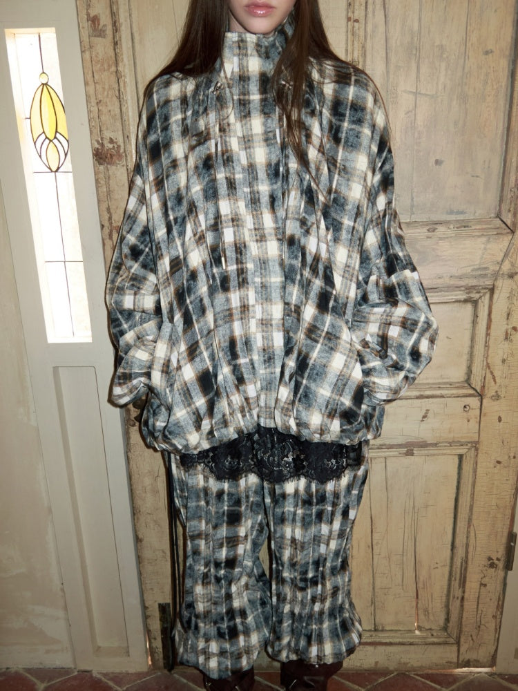 Plaid Pleated Stand-Up Collar Bud Jacket【s0000015638】