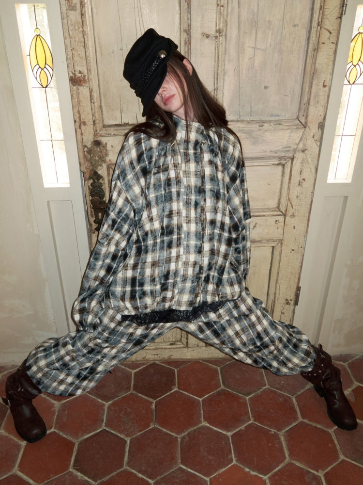Plaid Pleated Stand-Up Collar Bud Jacket【s0000015638】