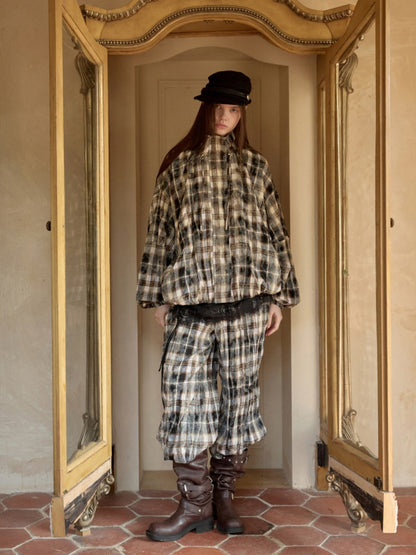 Plaid Pleated Stand-Up Collar Bud Jacket【s0000015638】