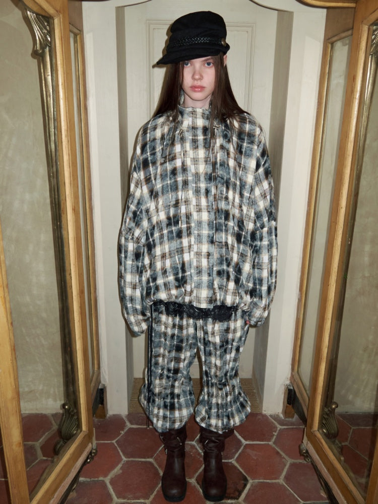 Plaid Pleated Stand-Up Collar Bud Jacket【s0000015638】