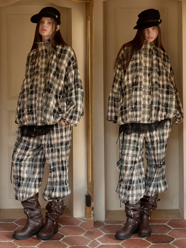 Plaid Pleated Stand-Up Collar Bud Jacket【s0000015638】
