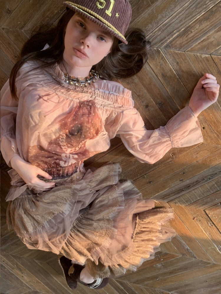 Dog Love One-Shoulder Print Slightly Transparent Chiffon Shirt【s0000015642】