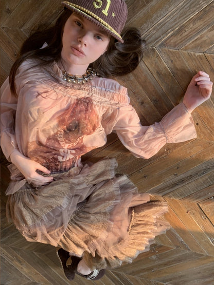 Dog Love One-Shoulder Print Slightly Transparent Chiffon Shirt【s0000015642】