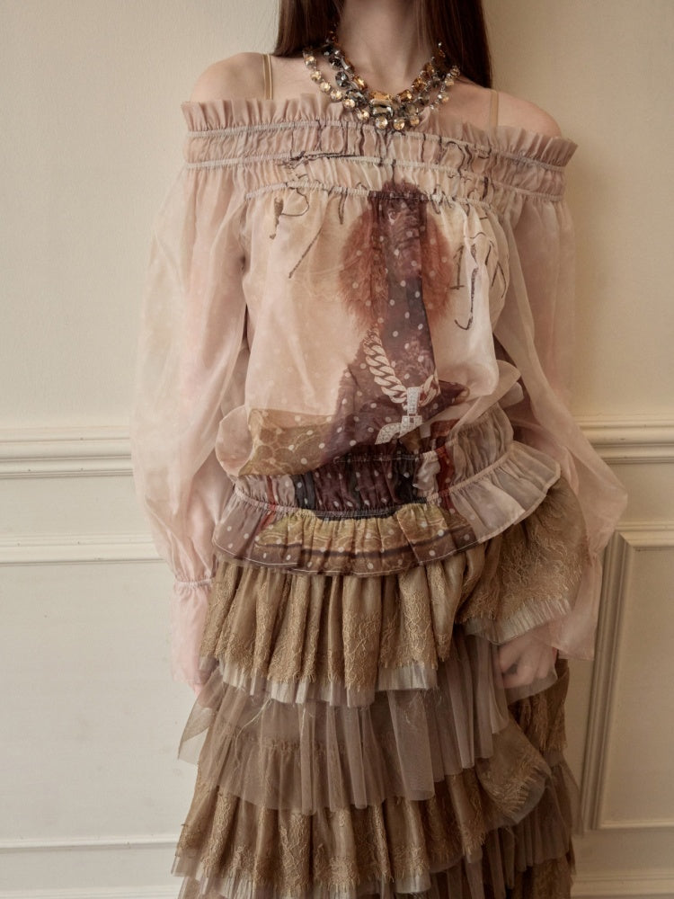 Dog Love One-Shoulder Print Slightly Transparent Chiffon Shirt【s0000015642】