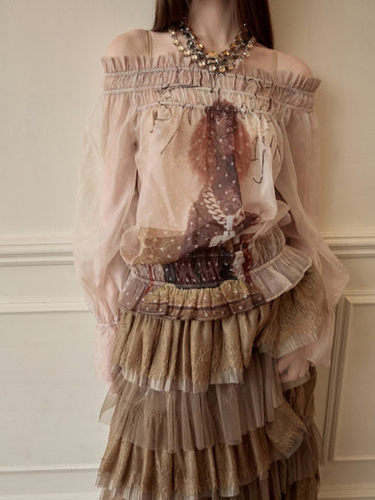 Dog Love One-Shoulder Print Slightly Transparent Chiffon Shirt【s0000015642】