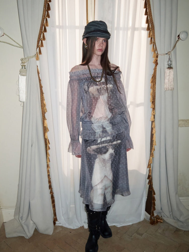 Dog Love One-Shoulder Print Slightly Transparent Chiffon Shirt【s0000015642】