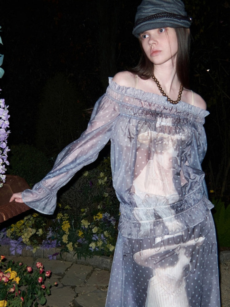 Dog Love One-Shoulder Print Slightly Transparent Chiffon Shirt【s0000015642】