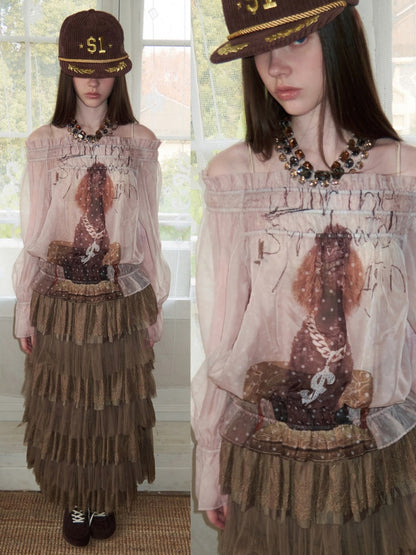 Dog Love One-Shoulder Print Slightly Transparent Chiffon Shirt【s0000015642】