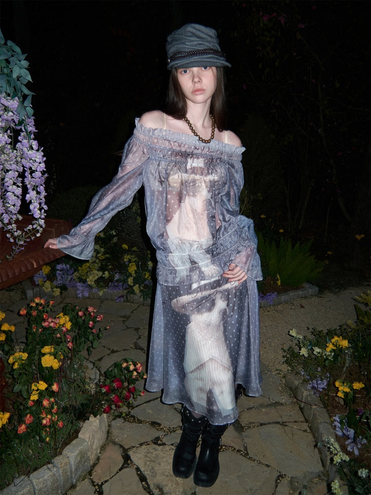 Dog Love One-Shoulder Print Slightly Transparent Chiffon Shirt【s0000015642】