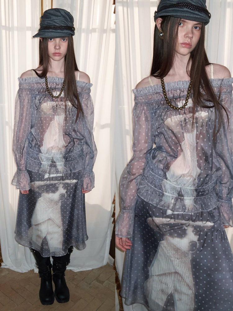 Dog Love One-Shoulder Print Slightly Transparent Chiffon Shirt【s0000015642】