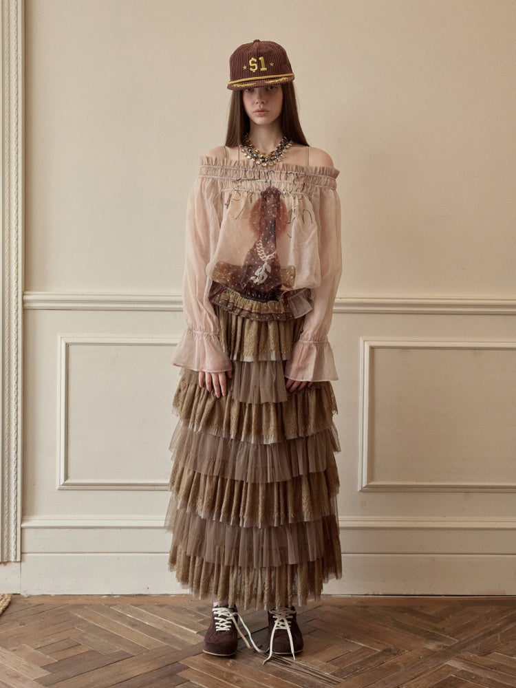 Dog Love One-Shoulder Print Slightly Transparent Chiffon Shirt【s0000015642】